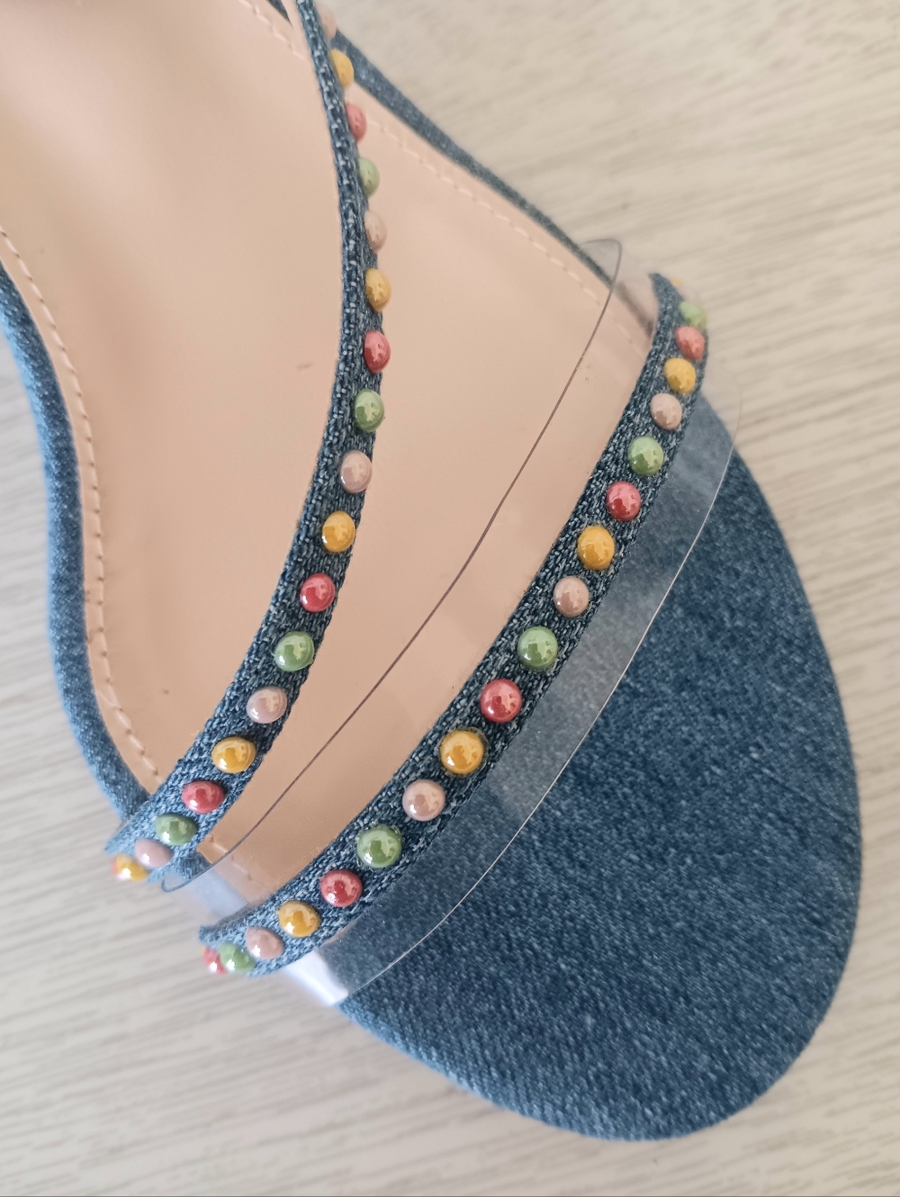 ANDREA WAZEN Designer Denim Blue Block Heel Sandals with Multicolor Stud Strap 7